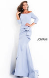 Jovani Evening Dress Jovani 00446 Light Blue Sheath Off the Shoulder Evening Dress