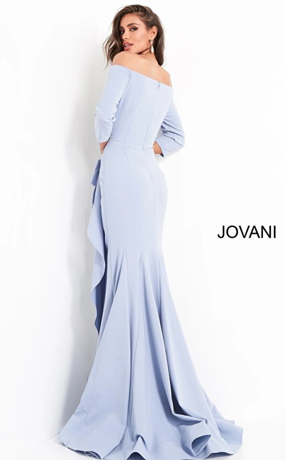 Jovani Evening Dress Jovani 00446 Light Blue Sheath Off the Shoulder Evening Dress