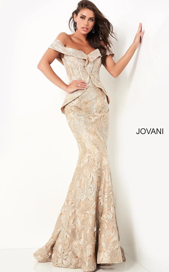 Jovani Evening Dress Jovani 02762 Gold Embellished Off the Shoulder Mother of the Bride Dress