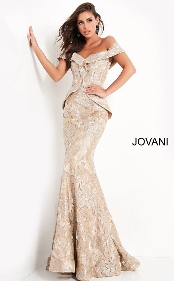 Jovani Evening Dress Jovani 02762 Gold Embellished Off the Shoulder Mother of the Bride Dress