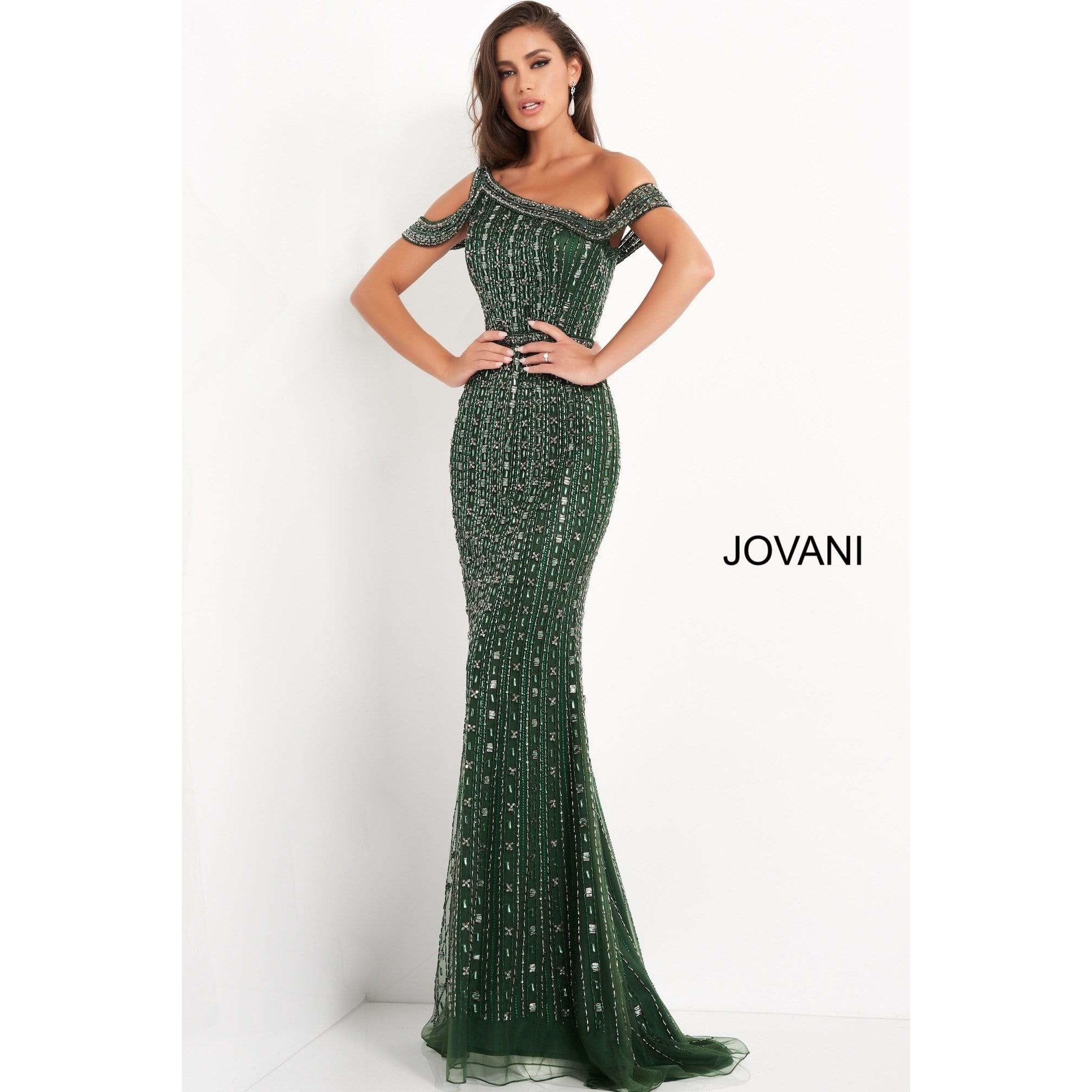 Jovani Evening Dress Jovani 03124 Emerald Beaded One Shoulder Evening Dress