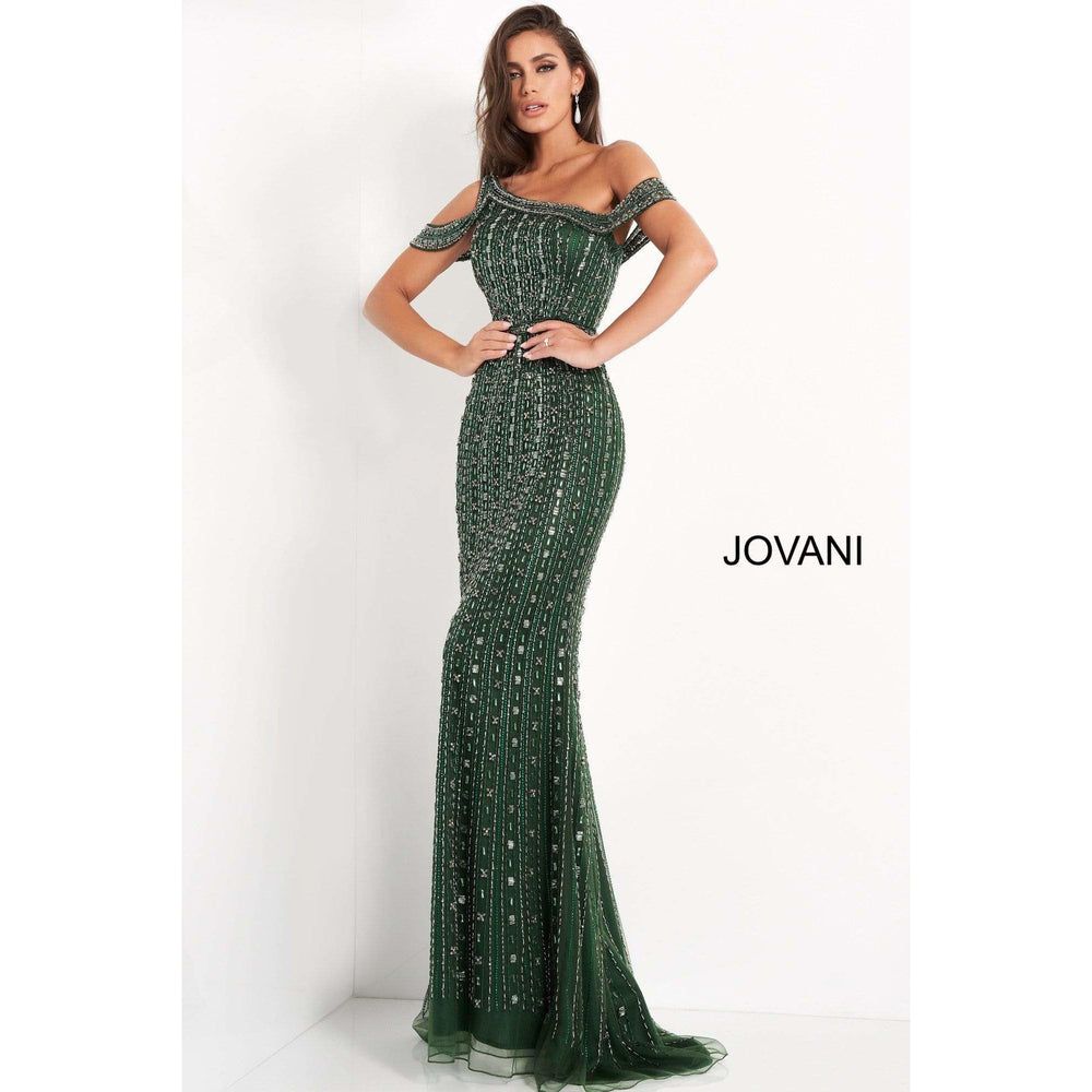 Jovani Evening Dress Jovani 03124 Emerald Beaded One Shoulder Evening Dress