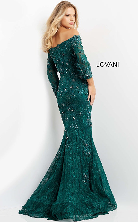 Jovani Evening Dress Jovani 03651 Emerald Three Quarter Sleeve Embellished Evening Dress