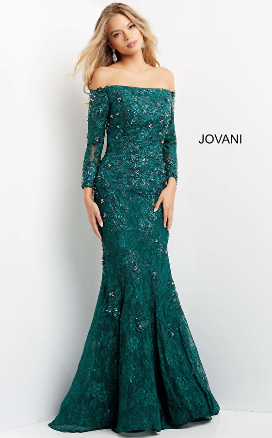 Jovani Evening Dress Jovani 03651 Emerald Three Quarter Sleeve Embellished Evening Dress