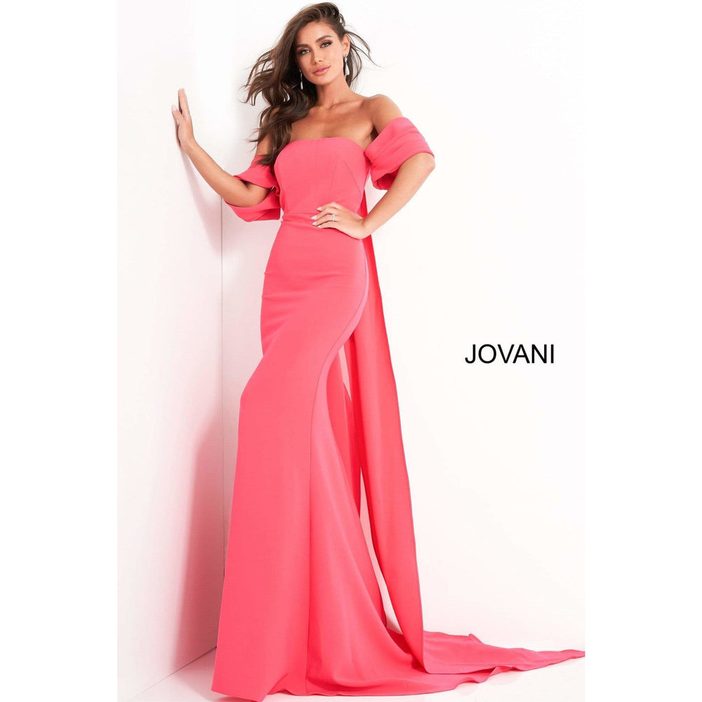 Jovani Evening Dress Jovani 04350 Lipstick Off the Shoulder Crepe Evening Dress