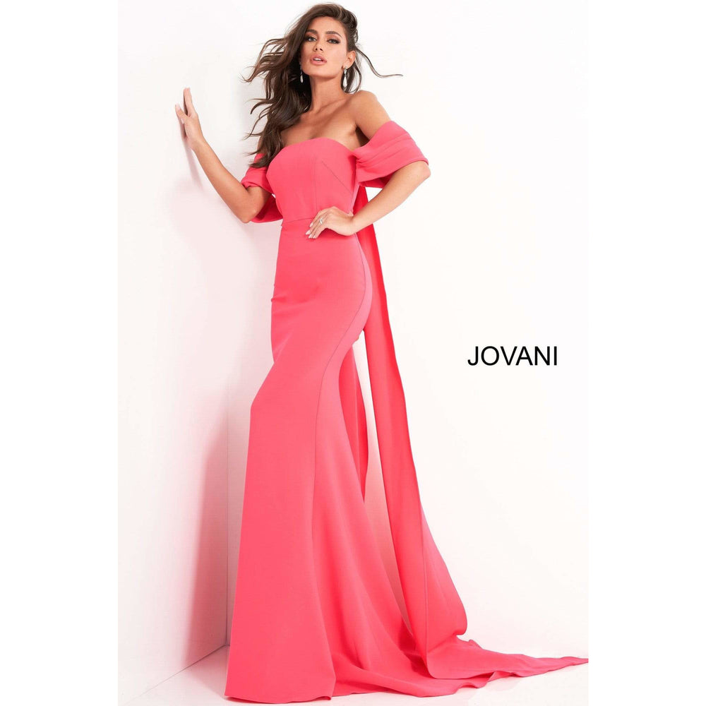 Jovani Evening Dress Jovani 04350 Lipstick Off the Shoulder Crepe Evening Dress