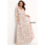 Jovani Evening Dress Jovani- 04451 Quarter Sleeve Floral Embroidered A- Line Gown