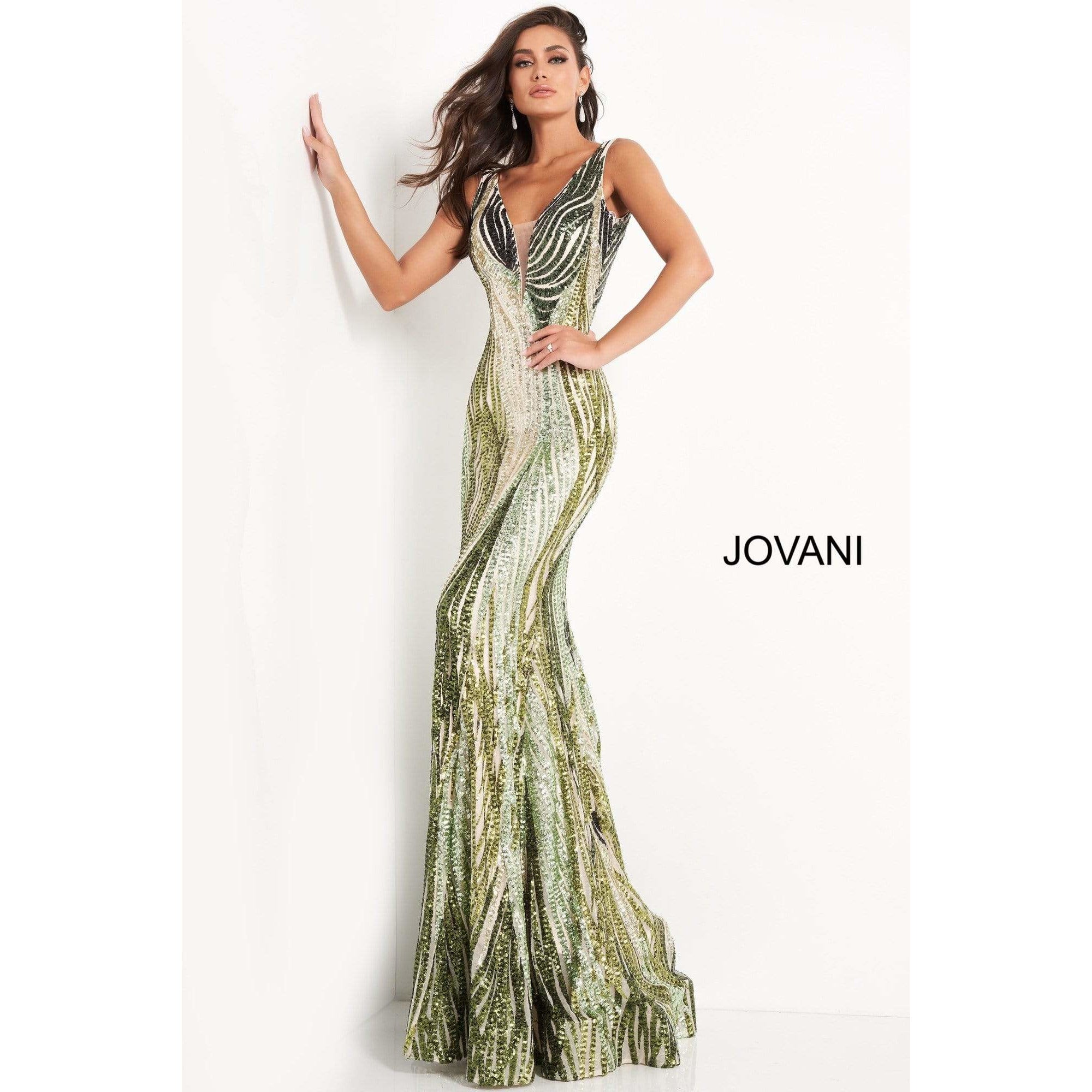 Jovani Evening Dress Jovani 05103 Green Embellished Plunging Neckline Prom Dress