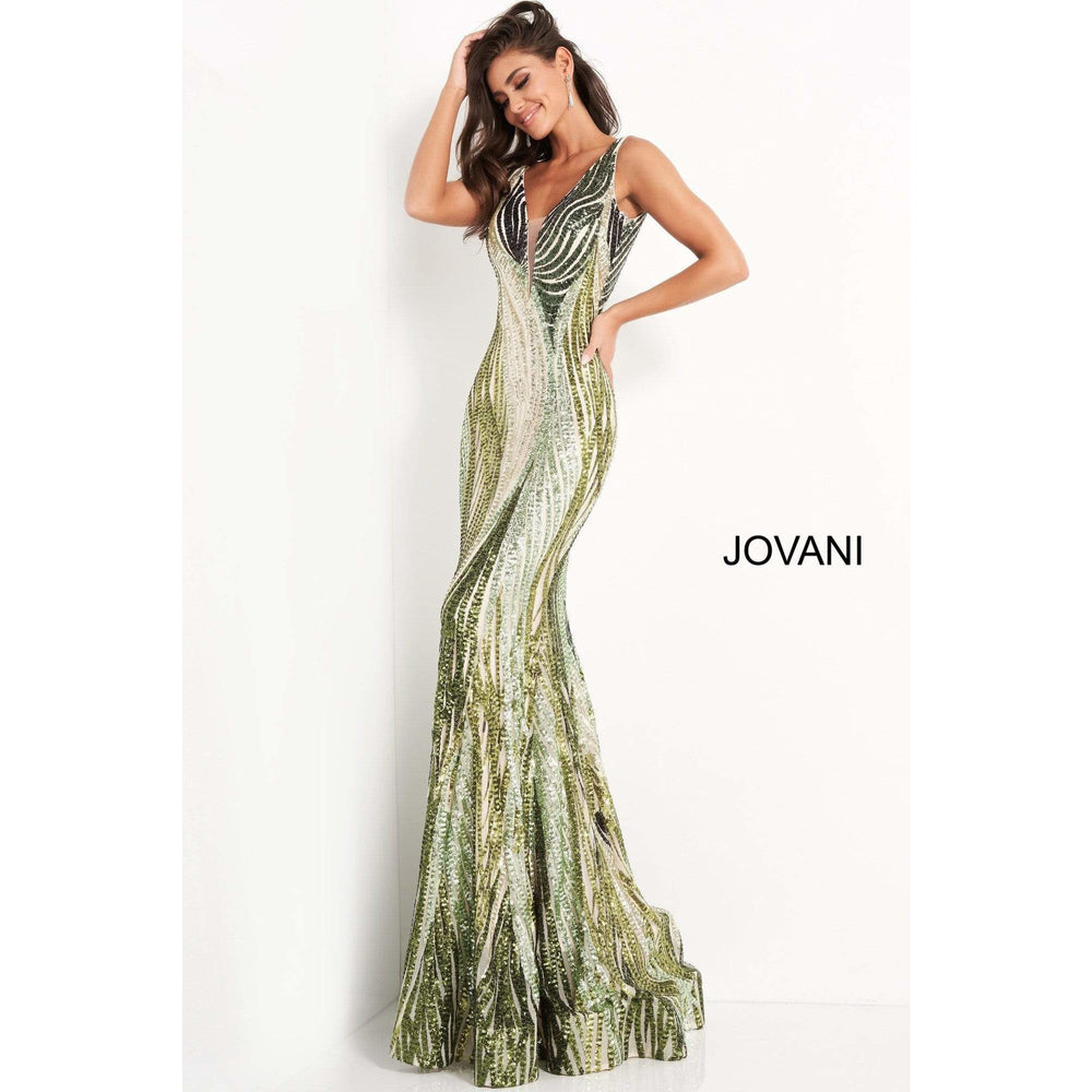 Jovani Evening Dress Jovani 05103 Green Embellished Plunging Neckline Prom Dress