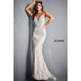 Jovani Evening Dress Jovani 05752 Silver Nude Spaghetti Strap V Neck Prom Dress