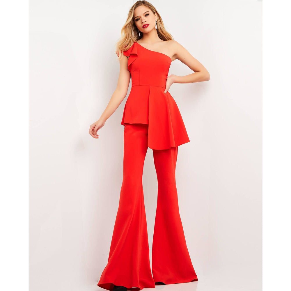 Jovani Evening Dress Jovani 06163 Red One Shoulder Evening Jumpsuit