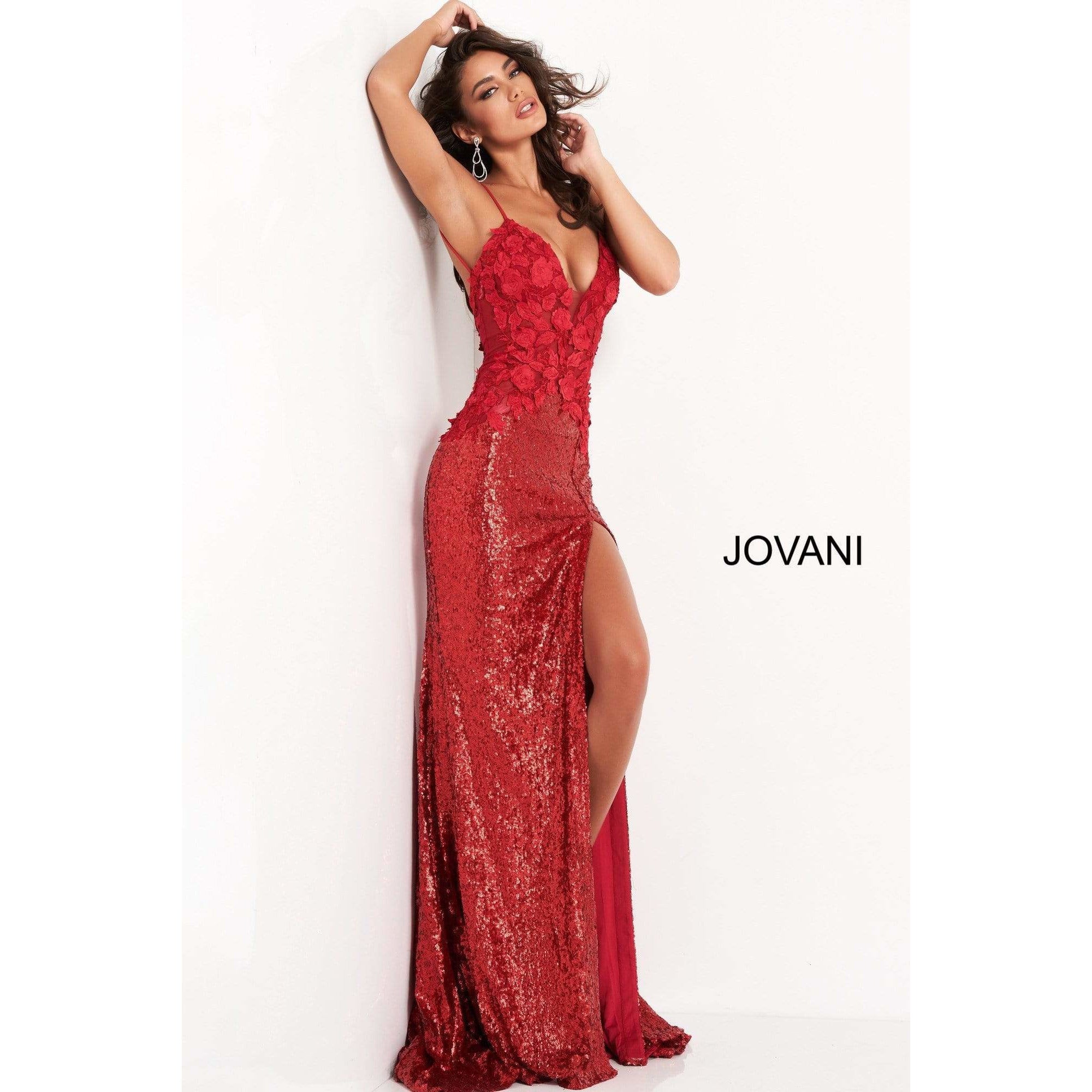 Jovani Evening Dress Jovani 06426 Red Floral Appliques High Slit Prom Dress