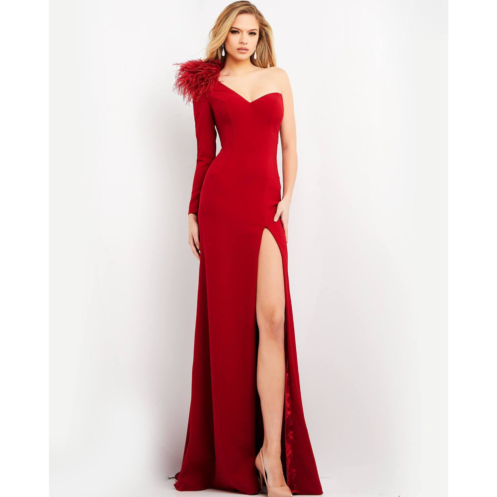 Jovani Evening Dress Jovani 06444 Cranberry One Shoulder Long Sleeve Evening Dress