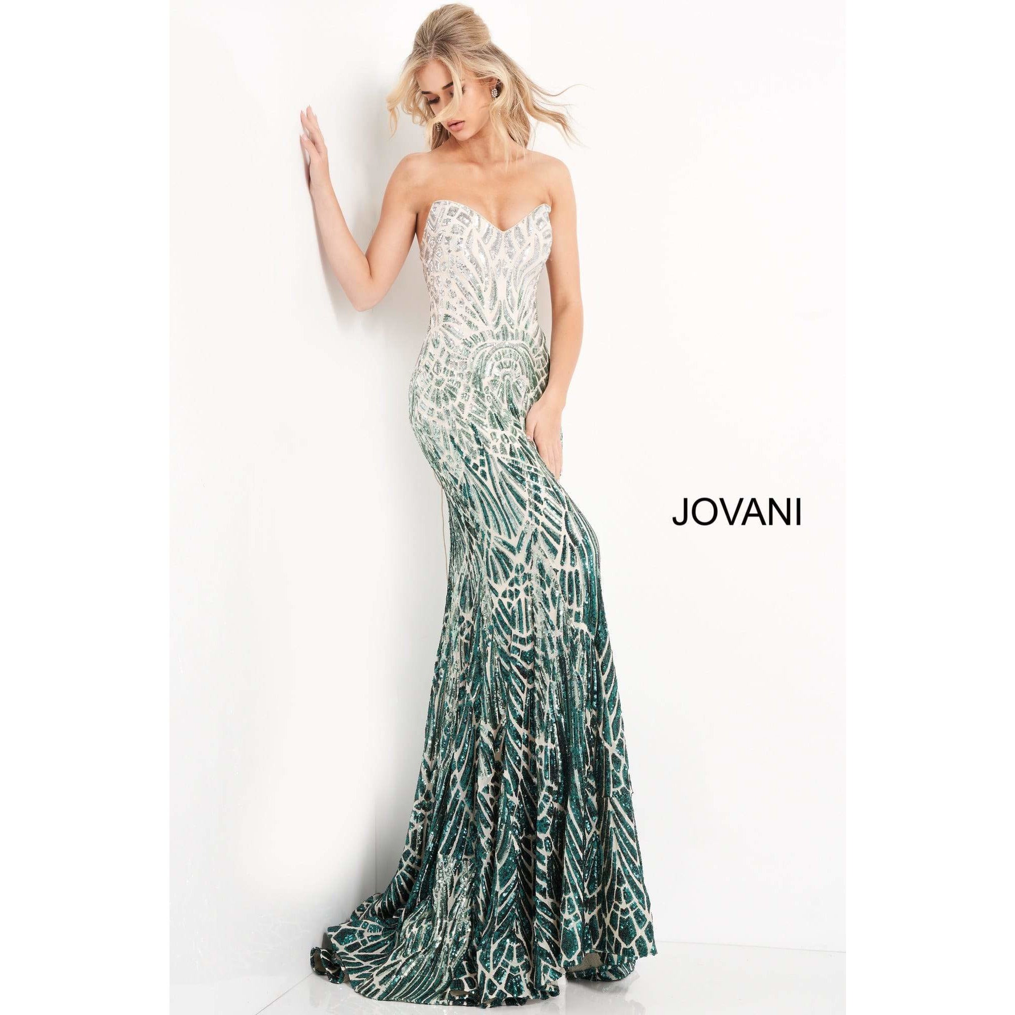 Jovani Evening Dress Jovani 06459 Silver Green Embellished Strapless Prom Dress