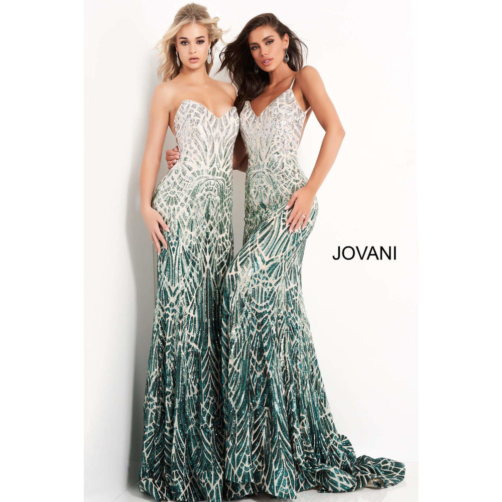 Jovani Evening Dress Jovani 06459 Silver Green Embellished Strapless Prom Dress