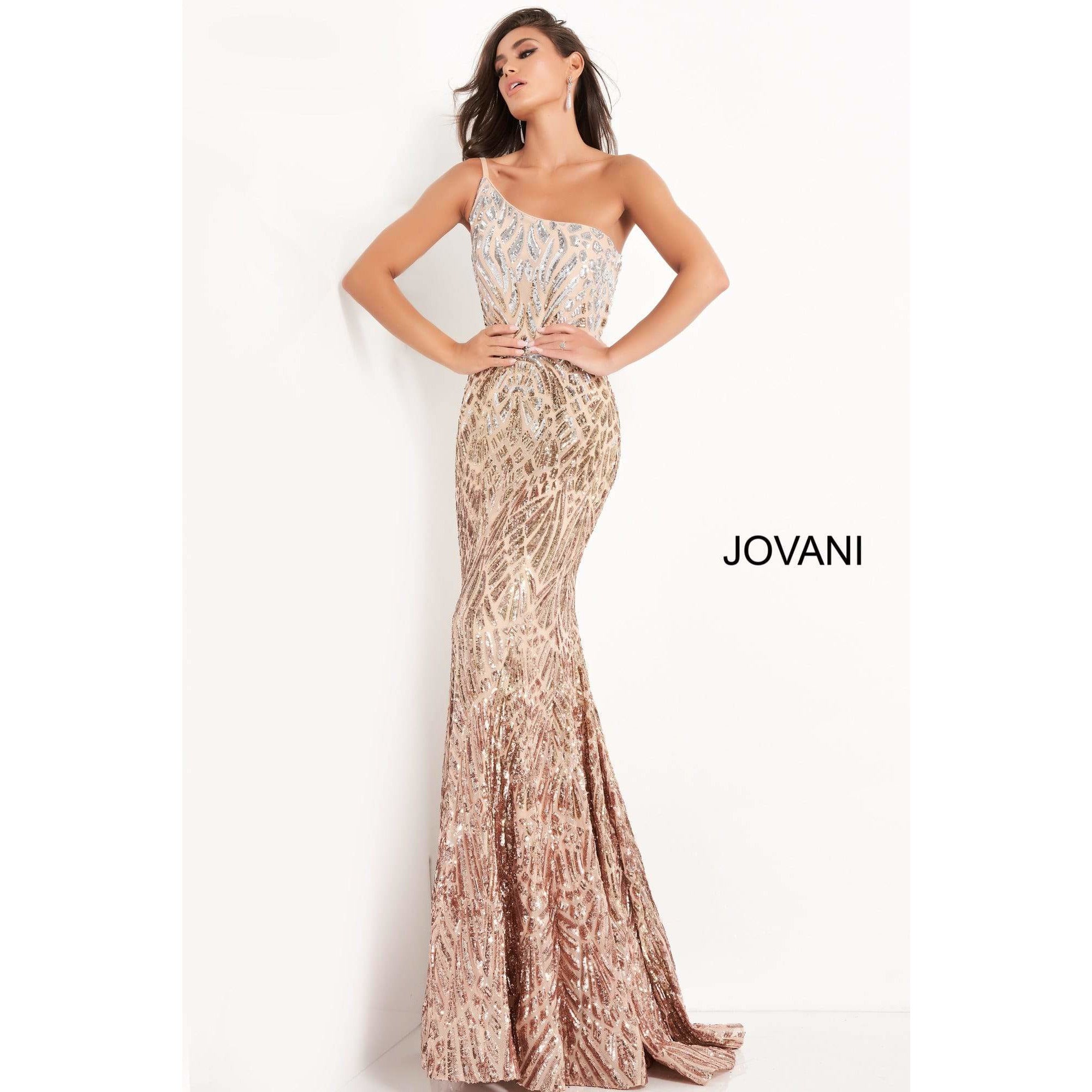 Jovani Evening Dress Jovani 06469 Silver Cafe Embellished One Shoulder Prom Dress