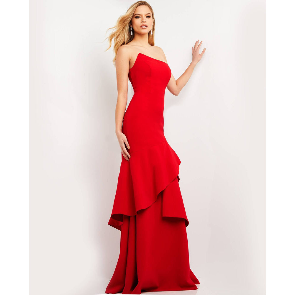 Jovani Evening Dress Jovani 06509 Red Asymmetric Neck Crepe Evening Dress