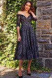 Jovani Evening Dress Jovani 06637 Black Lace Fit and Flare Tea Length Evening Dress