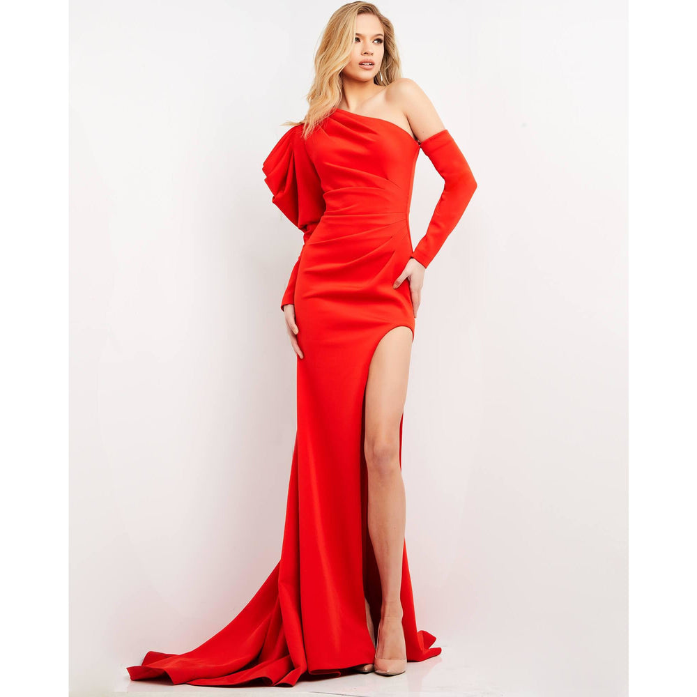 Jovani Evening Dress Jovani 06715 Tomato Long Sleeve High Slit Evening Dress