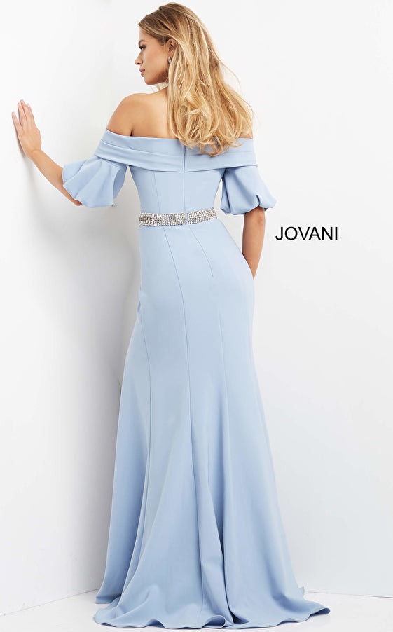 Jovani Evening Dress Jovani 06830 Light Blue Off the Shoulder Embellished Belt Evening Dress