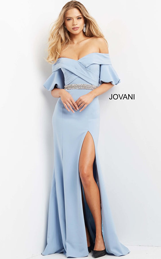 Jovani Evening Dress Jovani 06830 Light Blue Off the Shoulder Embellished Belt Evening Dress