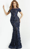 Jovani Evening Dress Jovani 06863 Navy Illusion Neck Floral Evening Dress