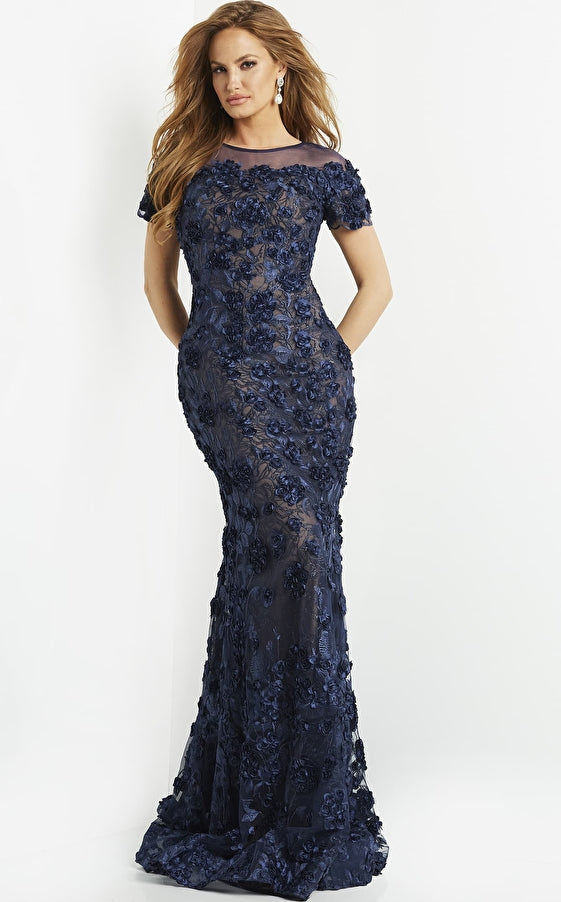 Jovani Evening Dress Jovani 06863 Navy Illusion Neck Floral Evening Dress