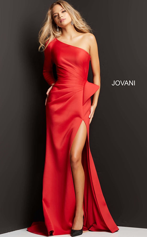 Jovani Evening Dress Jovani 06998 Red One Shoulder Long Sleeve Evening dress