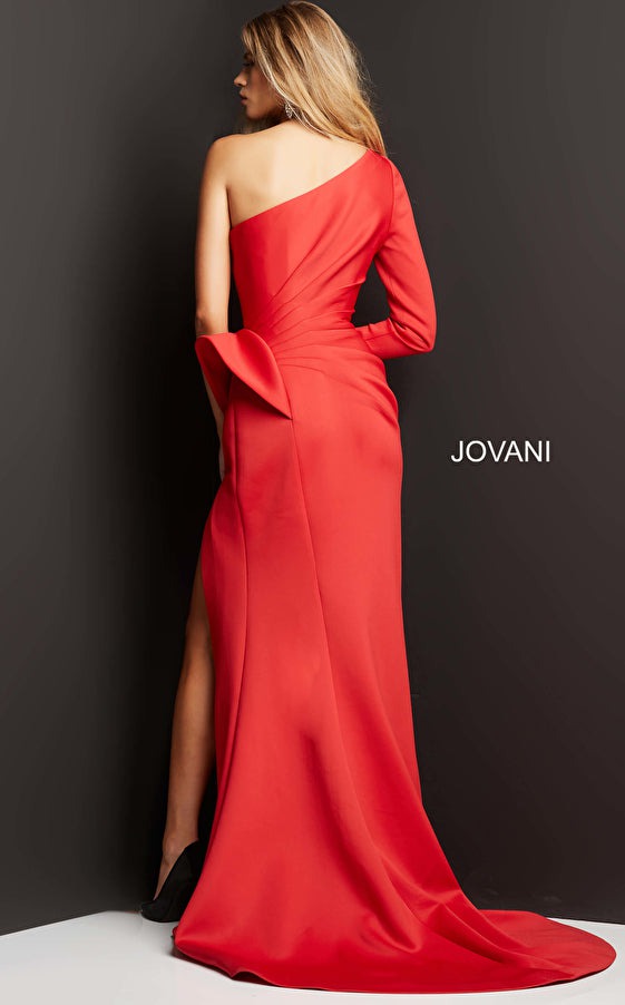 Jovani Evening Dress Jovani 06998 Red One Shoulder Long Sleeve Evening dress