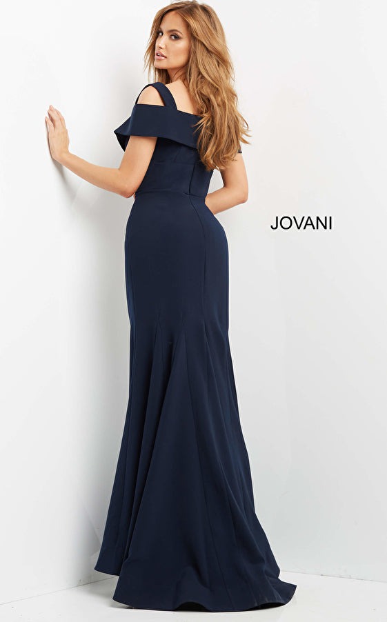 Jovani Evening Dress Jovani 06999 Navy Off the Shoulder Sheath Evening Gown