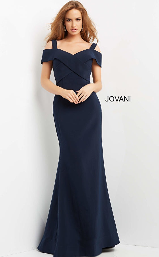 Jovani Evening Dress Jovani 06999 Navy Off the Shoulder Sheath Evening Gown