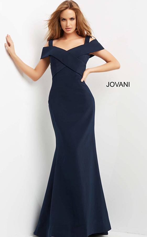 Jovani Evening Dress Jovani 06999 Navy Off the Shoulder Sheath Evening Gown