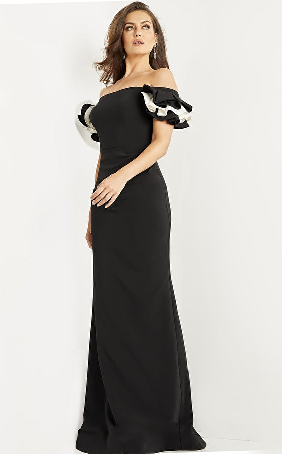 Jovani Evening Dress Jovani 07017 Black and White Off the Shoulder Sheath Evening Dress