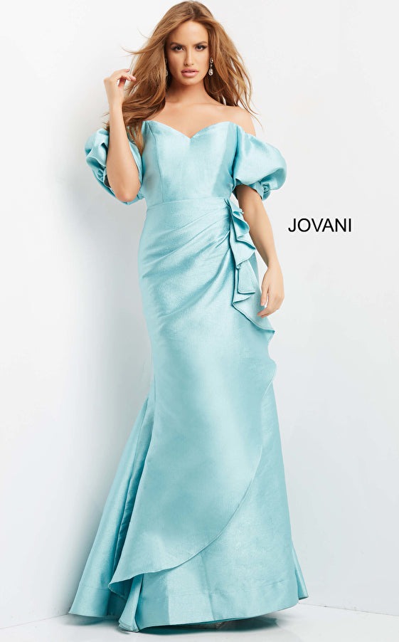 Jovani Evening Dress Jovani 07020 Light Blue Sweetheart Neck Ruched Evening Gown