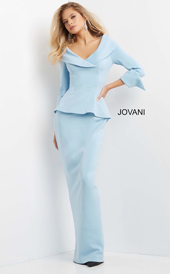 Jovani Evening Dress Jovani 07037 Light Blue Long Column Peplum Evening Dress