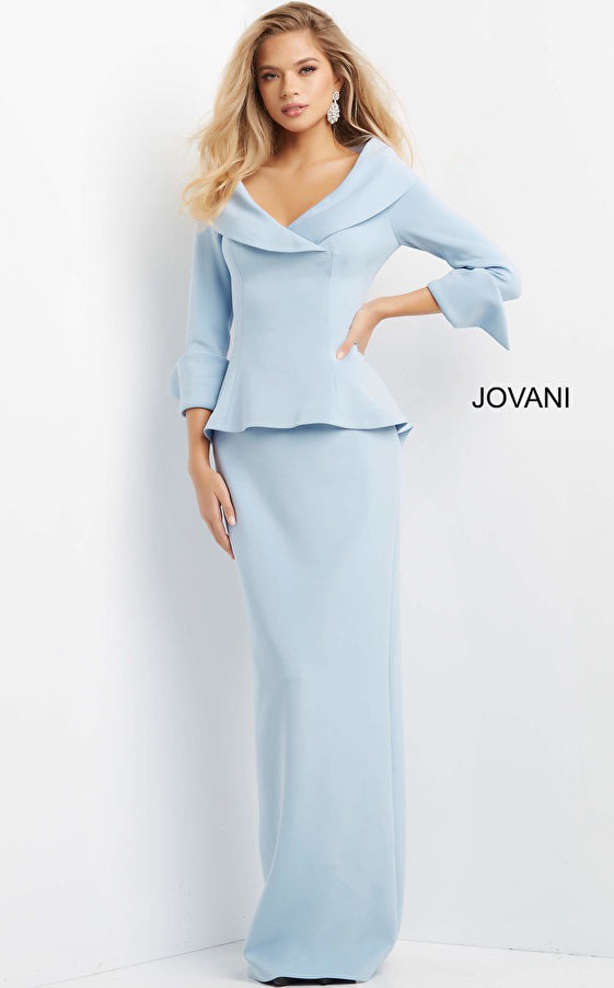 Jovani Evening Dress Jovani 07037 Light Blue Long Column Peplum Evening Dress