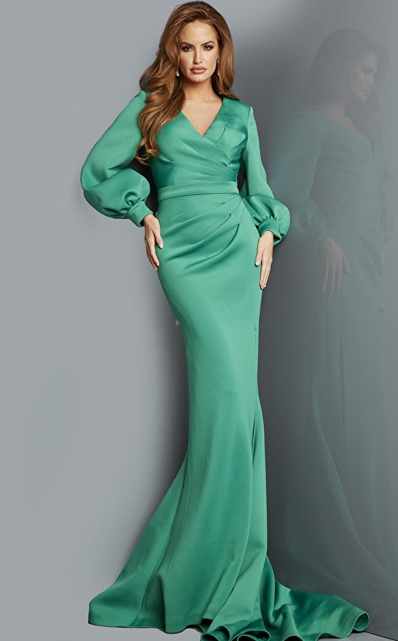 Jovani Evening Dress Jovani 07047 Emerald Long Sleeve V Neck Evening Gown