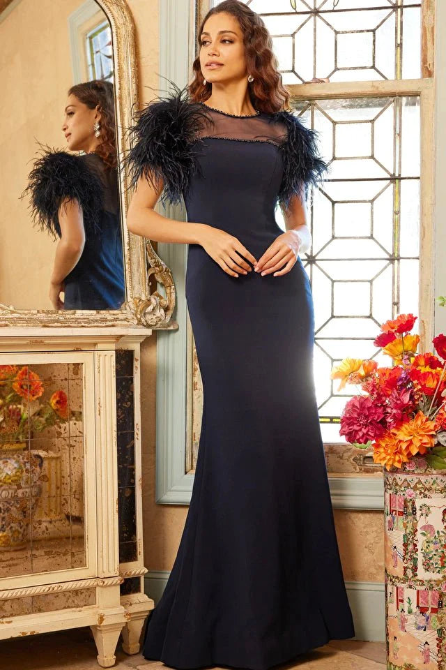 Jovani Evening Dress Jovani 07432 Navy Feather Sleeves Sheath Evening Dress