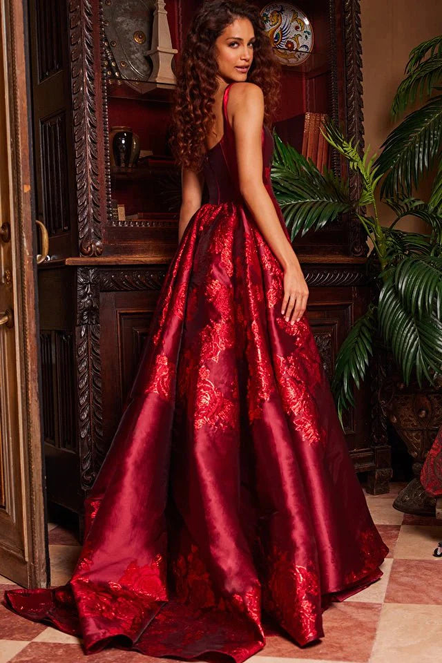 Jovani Evening Dress Jovani 07441 Red Pleated Overskirt Sleeveless Prom Gown