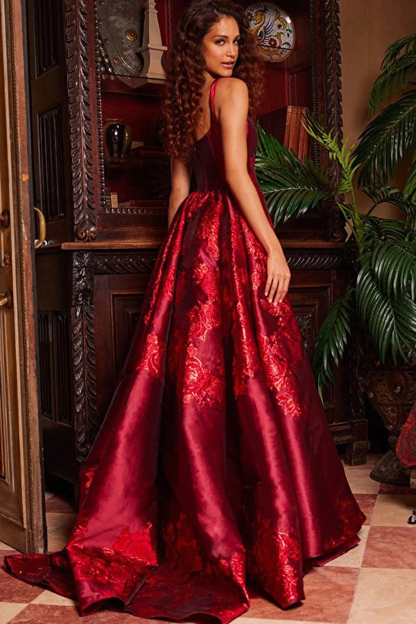 Jovani 07441 Red Pleated Overskirt Sleeveless Prom Gown NorasBridalBoutiqueNY