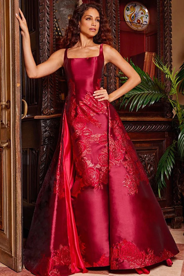 Jovani Evening Dress Jovani 07441 Red Pleated Overskirt Sleeveless Prom Gown