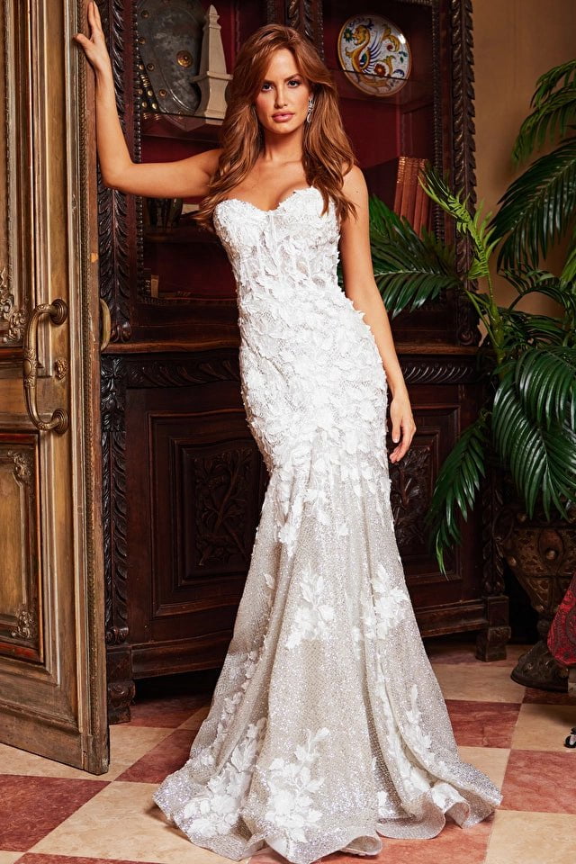 Jovani Evening Dress Jovani 07496 Off White Silver Floral Appliques Strapless Prom Dress