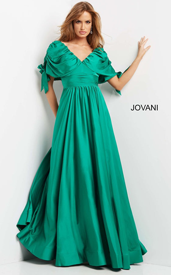 Jovani Evening Dress Jovani 07504 Emerald V Neck Ruched Bodice Evening Dress