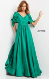 Jovani Evening Dress Jovani 07504 Emerald V Neck Ruched Bodice Evening Dress