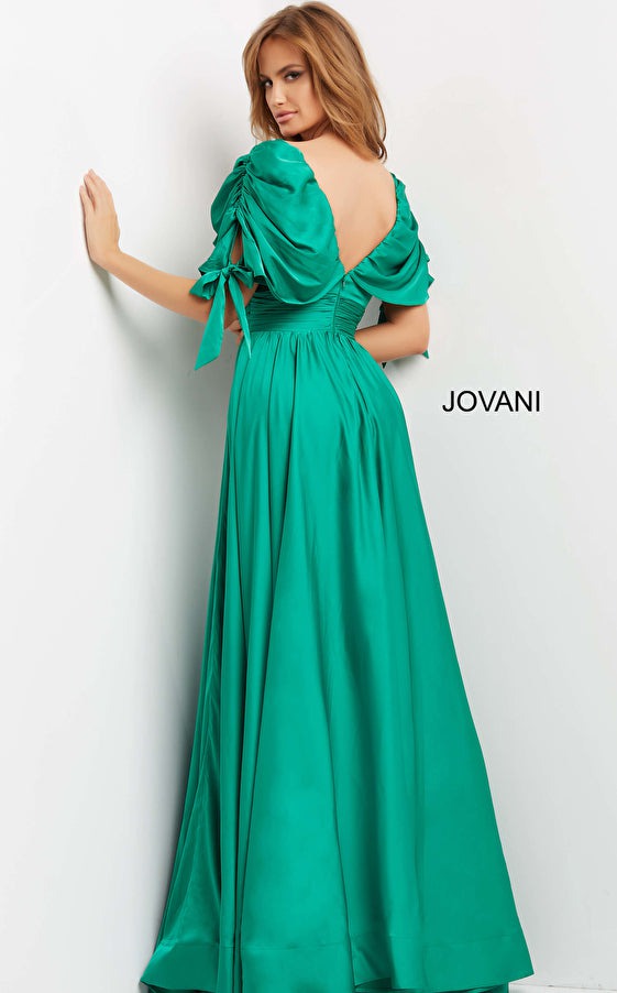 Jovani Evening Dress Jovani 07504 Emerald V Neck Ruched Bodice Evening Dress