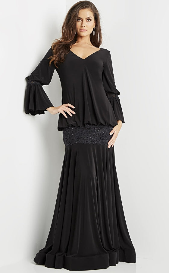 Jovani Evening Dress Jovani 07811 Black Long Sleeve V Neck Evening Gown