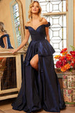 Jovani Evening Dress Jovani 08092 Sapphire Off the Shoulder Ruched Bodice Evening Gown