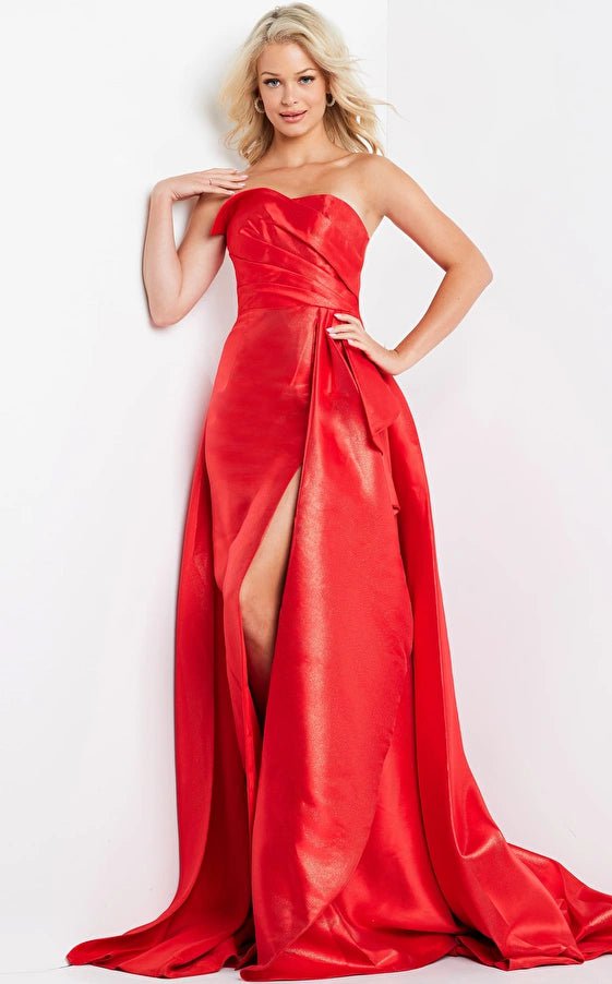 Jovani Evening Dress Jovani 08320 Red Strapless Pleated Bodice Evening Gown