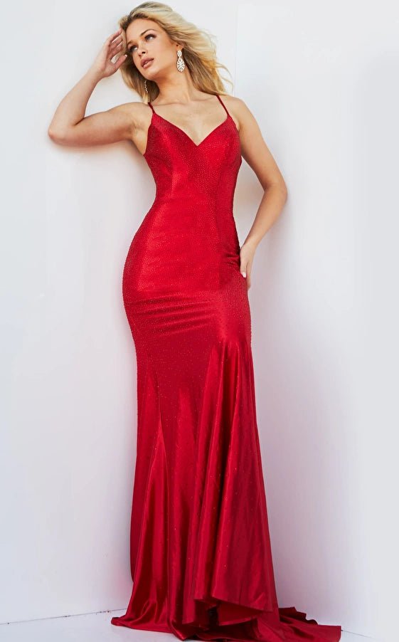 Jovani Evening Dress Jovani 08464 Red Embellished V Neck Prom Dress