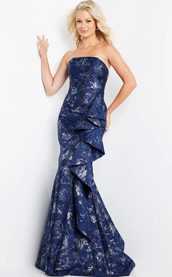 Jovani Evening Dress Jovani 08685 Navy Print Mermaid Evening Dress